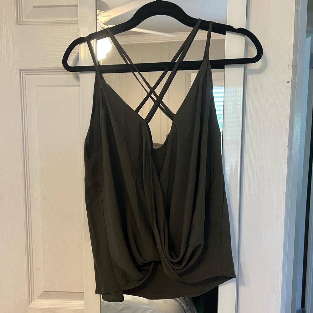 Olive green silky tank - size medium, crossover straps.
